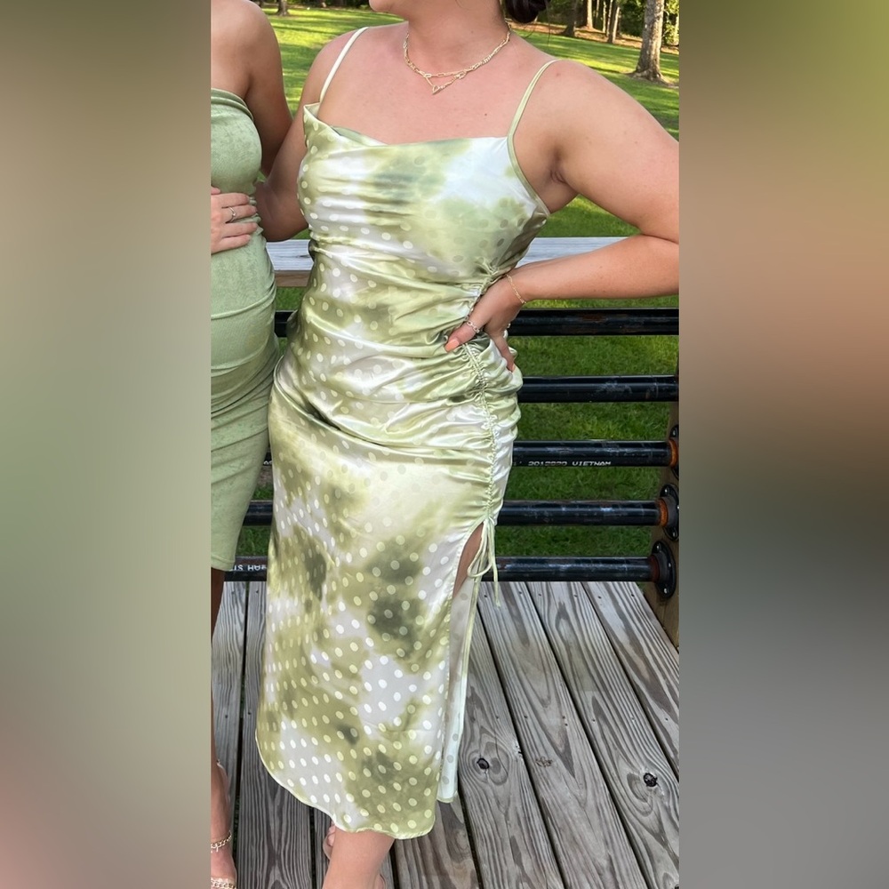 Green tie dye polka dot princess Polly midi dress with side slit